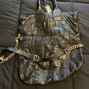 Badgley mischka fold over purse black gold chain